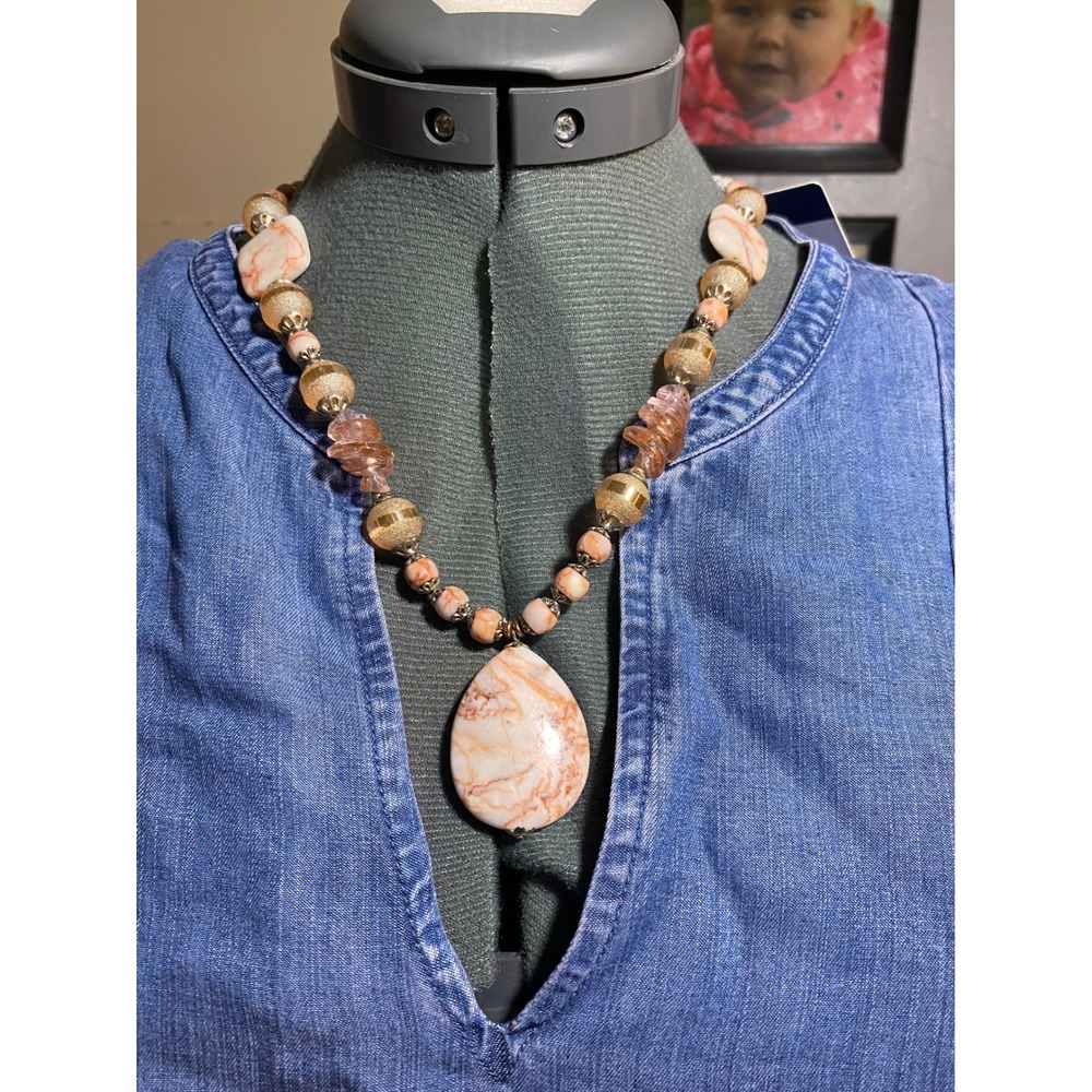 Boho Peach Marbled Stone Teardrop Pendant Beaded Statement Necklace Gold Tone - Picture 1 of 4